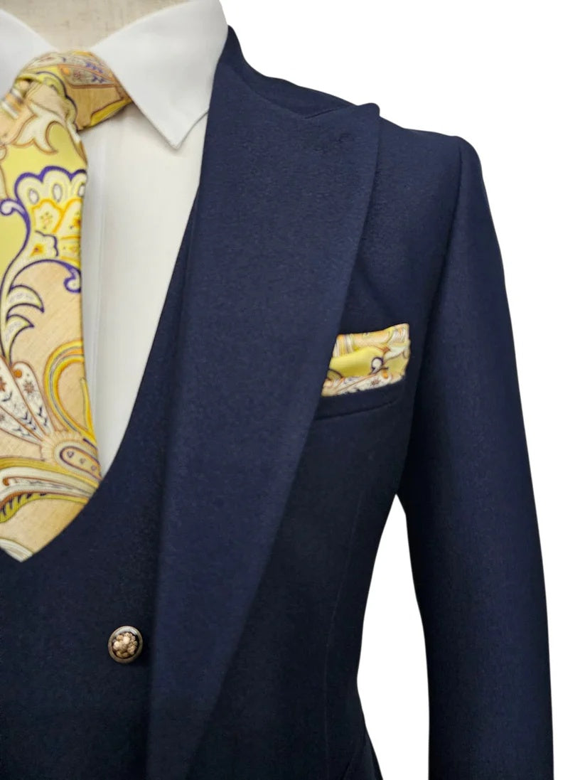 Giovanni Testi Navy Blue 3 Piece Suit – Slim Fit 1 Button Peak Lapel with Double Breasted Vest - 34 Short or Extra Small