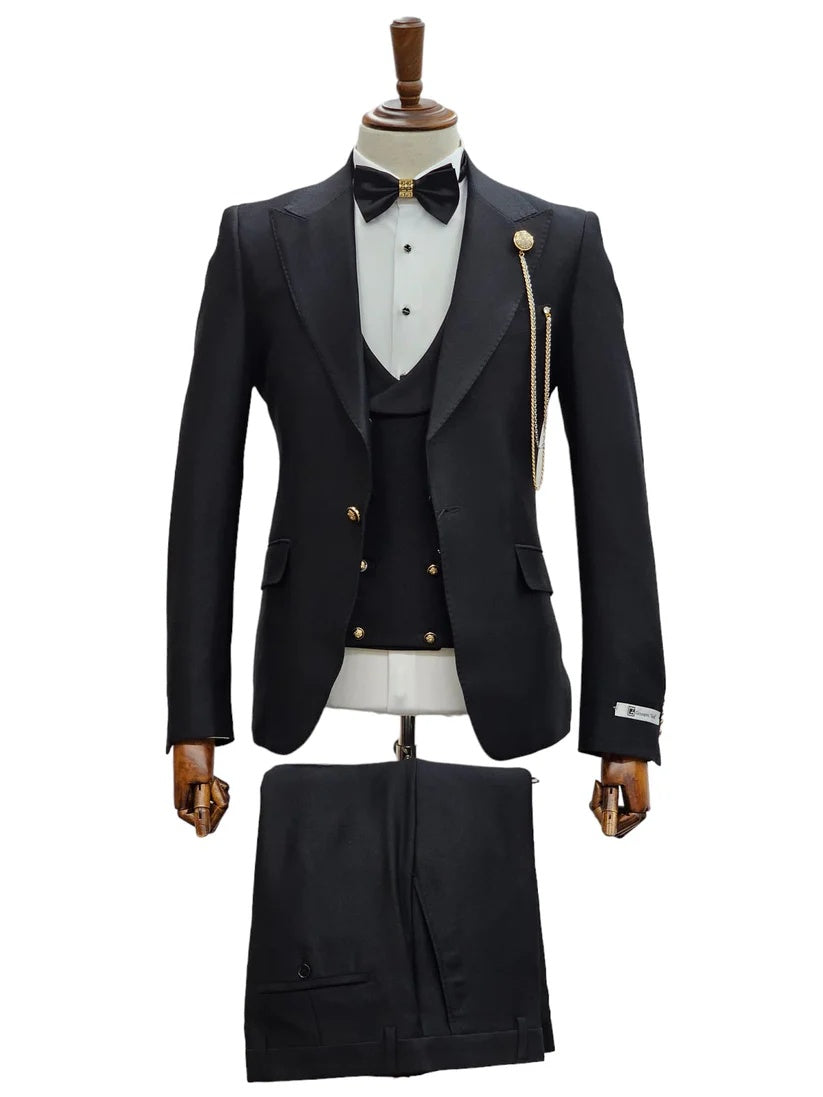 Mens Giovanni Testi Black Slim Fit 3 Piece Suit – One Button Peak Lapel, Double Breasted Vest, Modern Center Vent - 34 Short or Extra Small