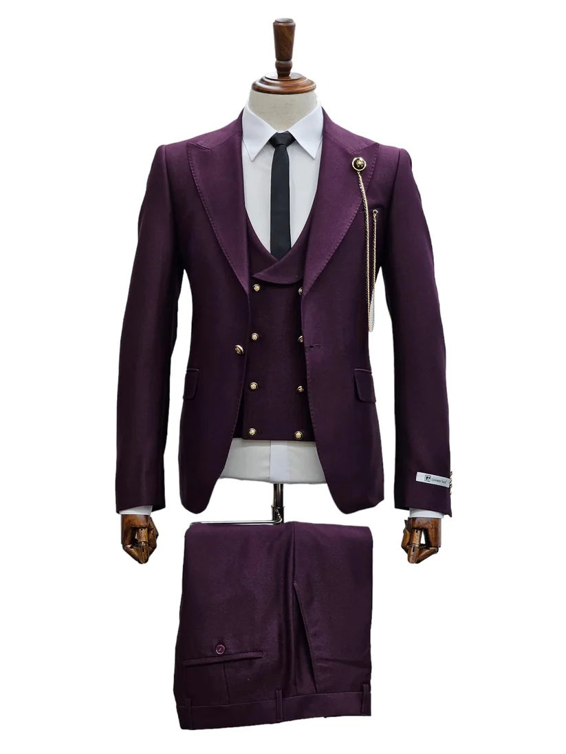 Mens Giovanni Testi Eggplant 3 Piece Suit – Slim Fit 1 Button Peak Lapel Formal Tuxedo Suit - 34 Short or Extra Small