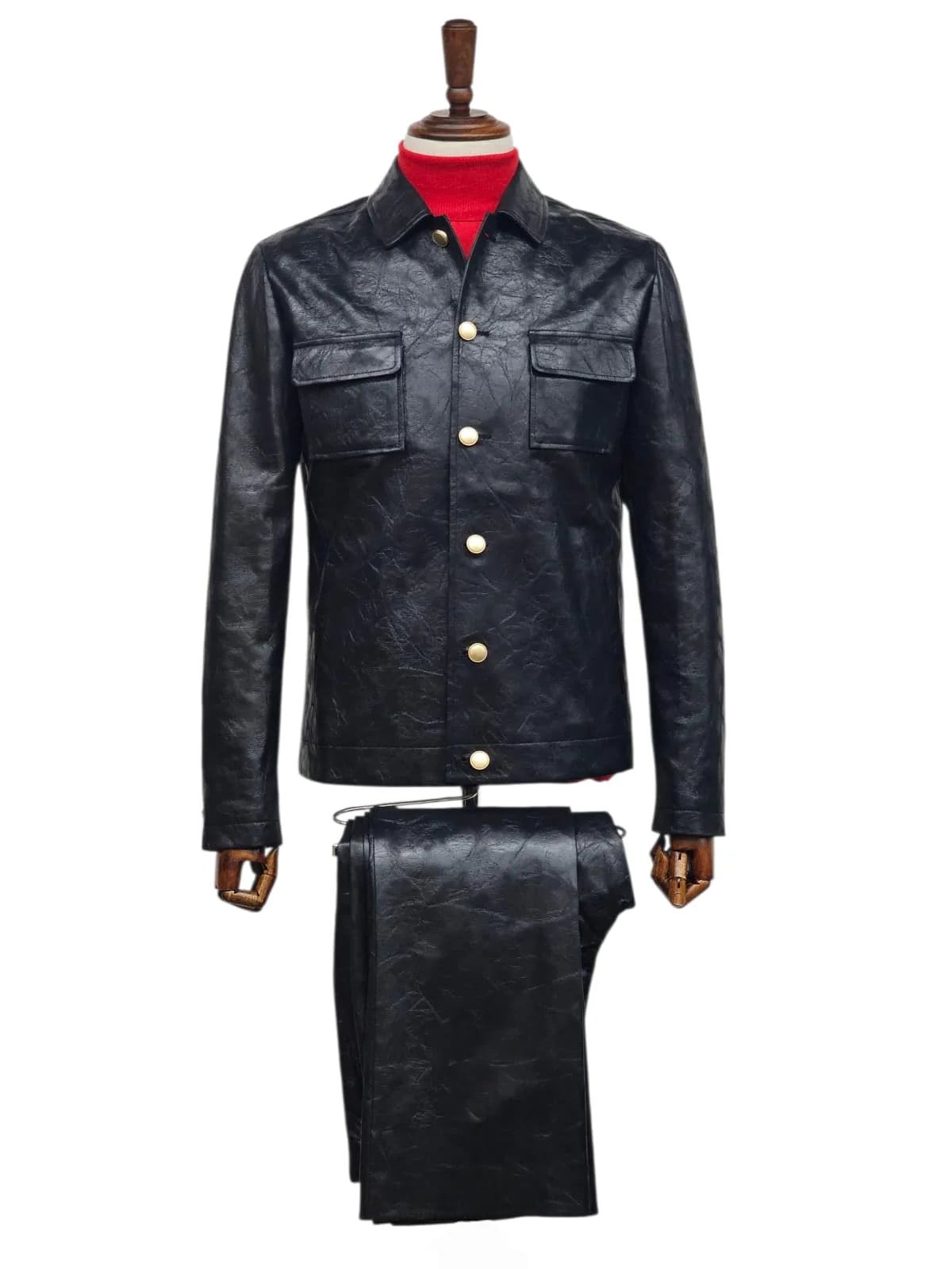 Mens Five Button Slim Fit Leather Suit Black - 34 Short or Extra Small