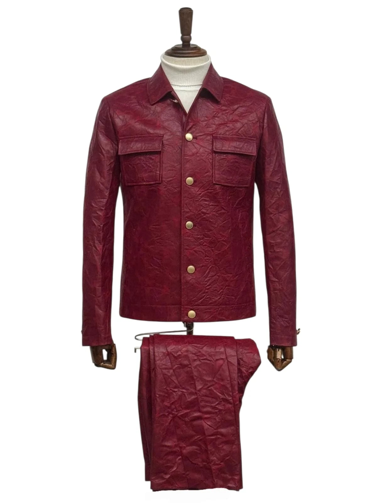 Two Piece Slim Fit Faux Leather Casual Suit Burgundy - 34 Short or Extra Small