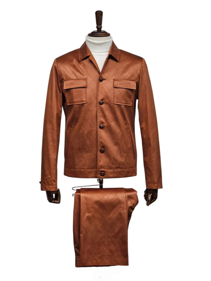 Mens Two Piece Slim Fit Faux Leather Casual Suit Brown