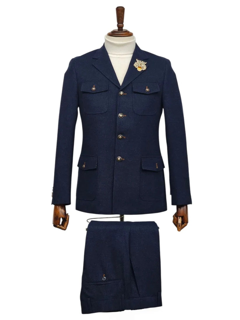 Mens Giovanni Testi 2 Piece Slim Fit Suit in Dark Blue – Classic 4 Button Notch Lapel Dress Suit - 34 Short or Extra Small