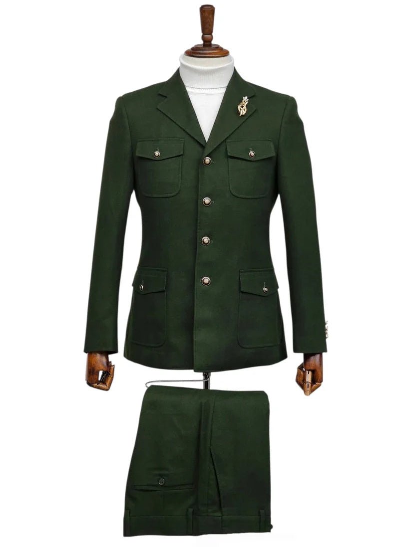 Mens Giovanni Testi Slim Fit Green Suit – 2 Piece 4 Button Formal Suit with Notch Lapel - 34 Short or Extra Small