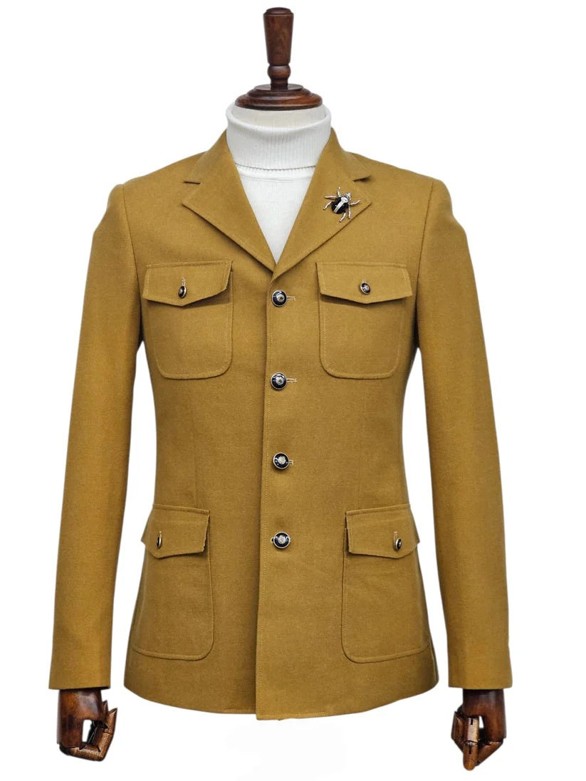 Mens Giovanni Testi Slim Fit 2 Piece Suit Mustard – 4 Button Notch Lapel & Flap Pockets - 34 Short or Extra Small