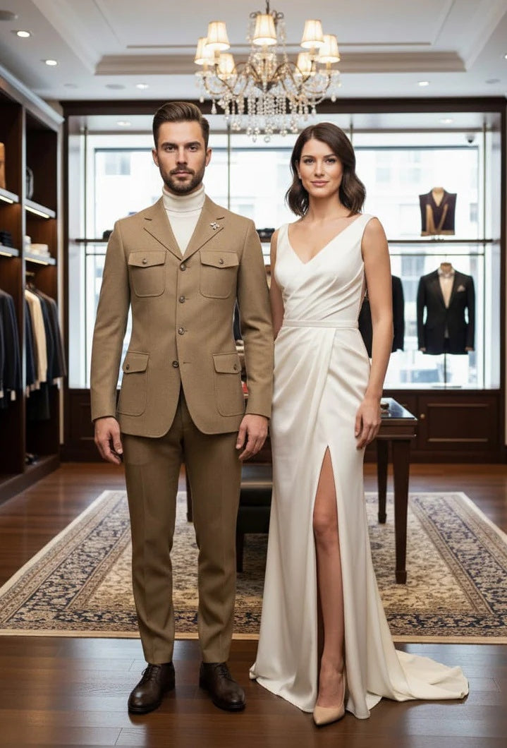 Mens Giovanni Testi Beige 2-Piece Suit – Slim Fit 4-Button Blazer with Patch Pockets - 34 Short or Extra Small