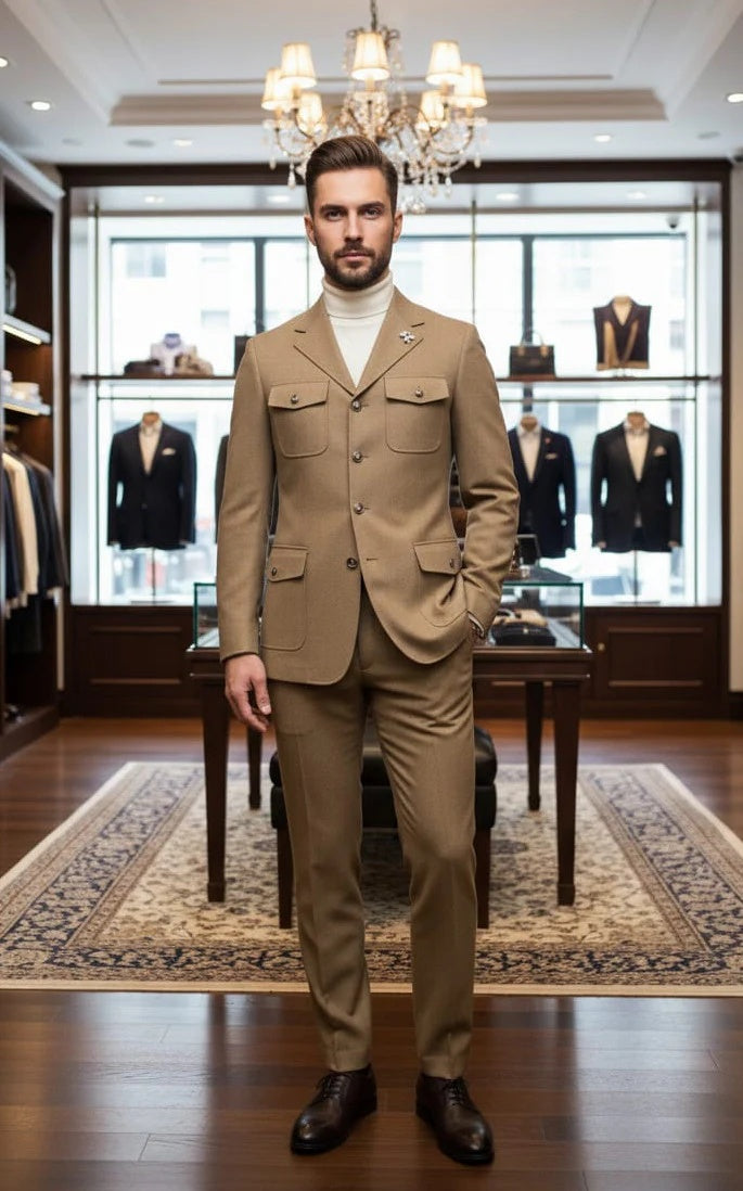 Mens Giovanni Testi Beige 2-Piece Suit – Slim Fit 4-Button Blazer with Patch Pockets - 34 Short or Extra Small