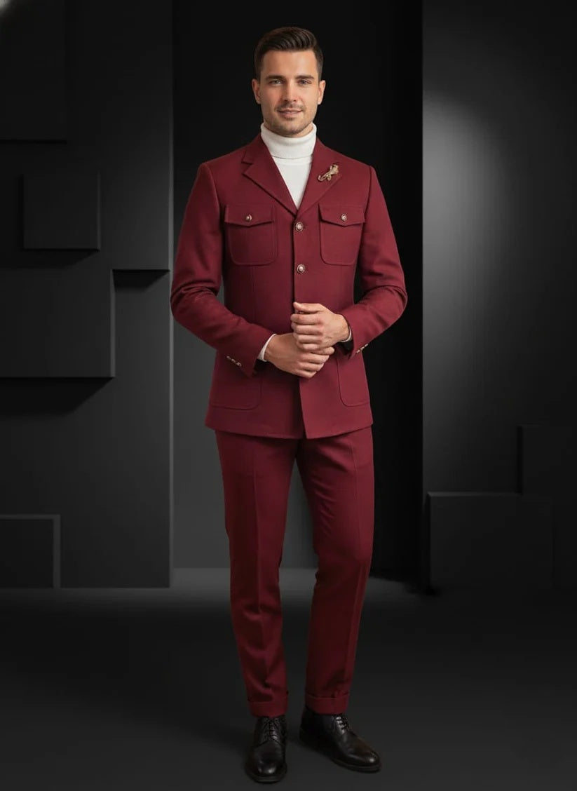 Mens Giovanni Testi 2 Piece Burgundy Suit – Slim Fit 4 Button Blazer with Notch Lapel & Flap Pockets - 34 Short or Extra Small