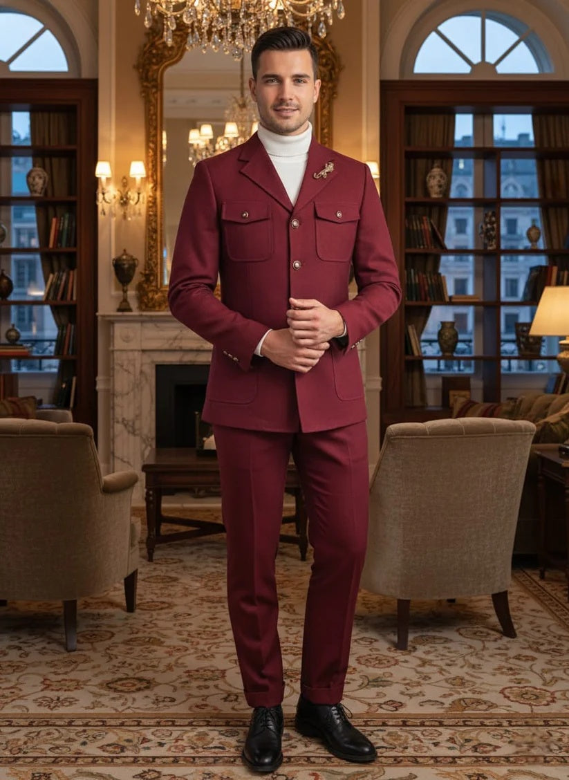 Mens Giovanni Testi 2 Piece Burgundy Suit – Slim Fit 4 Button Blazer with Notch Lapel & Flap Pockets - 34 Short or Extra Small
