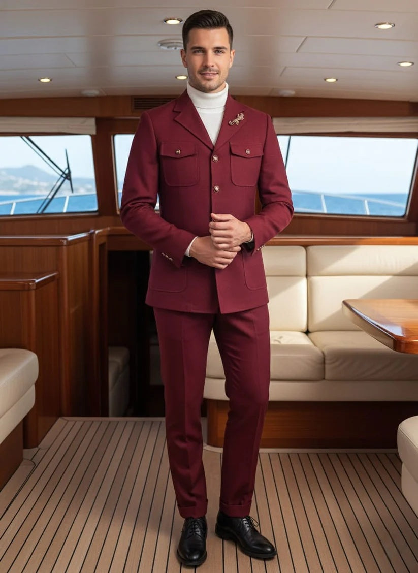 Mens Giovanni Testi 2 Piece Burgundy Suit – Slim Fit 4 Button Blazer with Notch Lapel & Flap Pockets - 34 Short or Extra Small