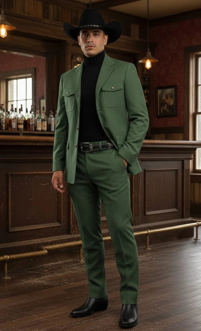 Mens Giovanni Testi Slim Fit Green Suit – 2 Piece 4 Button Formal Suit with Notch Lapel - 34 Short or Extra Small