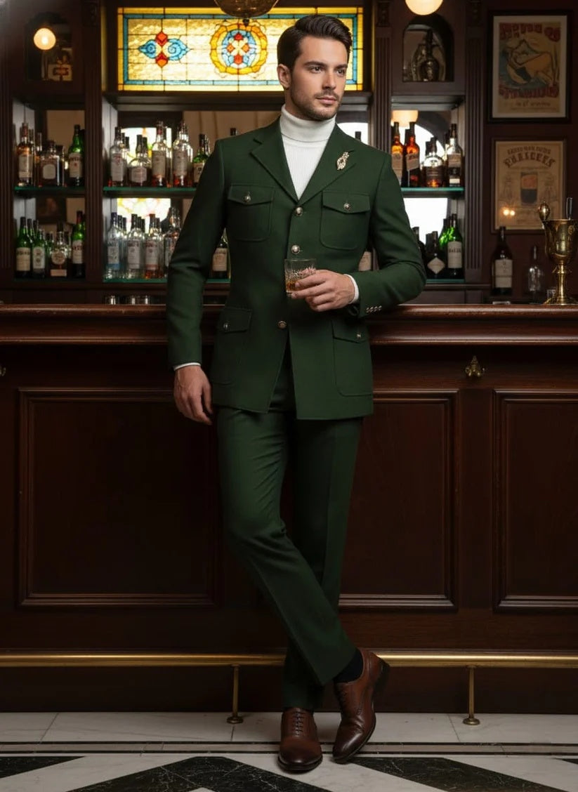 Mens Giovanni Testi Slim Fit Green Suit – 2 Piece 4 Button Formal Suit with Notch Lapel - 34 Short or Extra Small