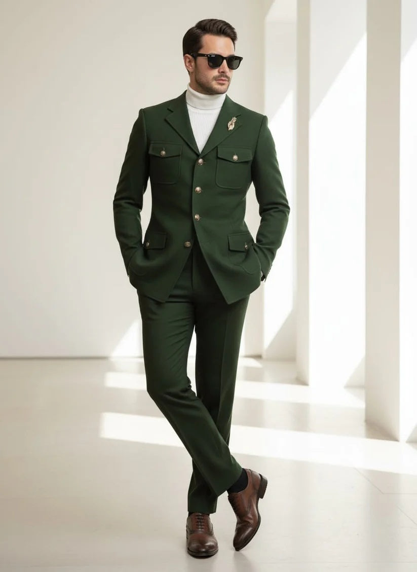 Mens Giovanni Testi Slim Fit Green Suit – 2 Piece 4 Button Formal Suit with Notch Lapel - 34 Short or Extra Small