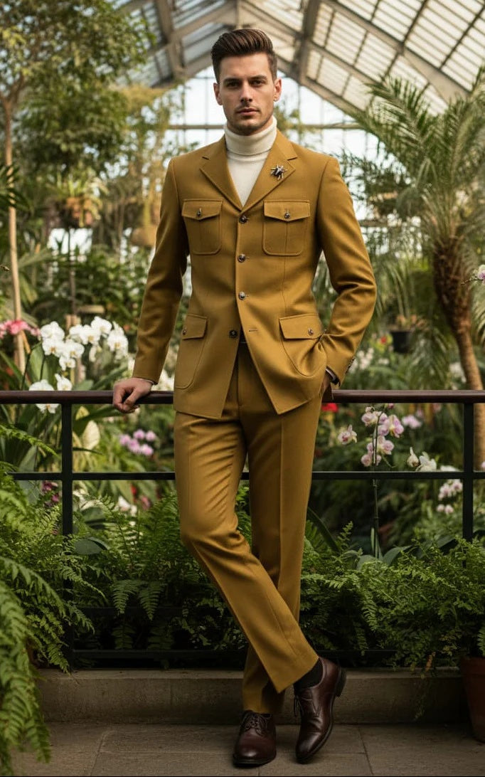 Mens Giovanni Testi Slim Fit 2 Piece Suit Mustard – 4 Button Notch Lapel & Flap Pockets - 34 Short or Extra Small