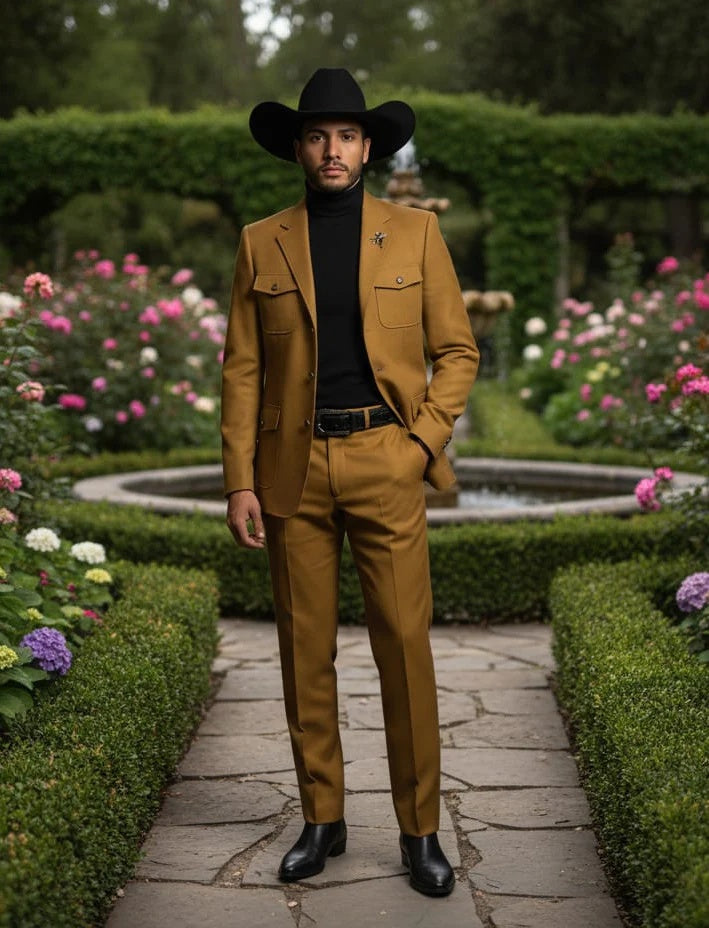 Mens Giovanni Testi Slim Fit 2 Piece Suit Mustard – 4 Button Notch Lapel & Flap Pockets - 34 Short or Extra Small