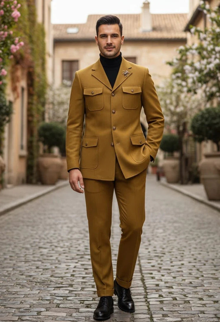 Mens Giovanni Testi Slim Fit 2 Piece Suit Mustard – 4 Button Notch Lapel & Flap Pockets - 34 Short or Extra Small