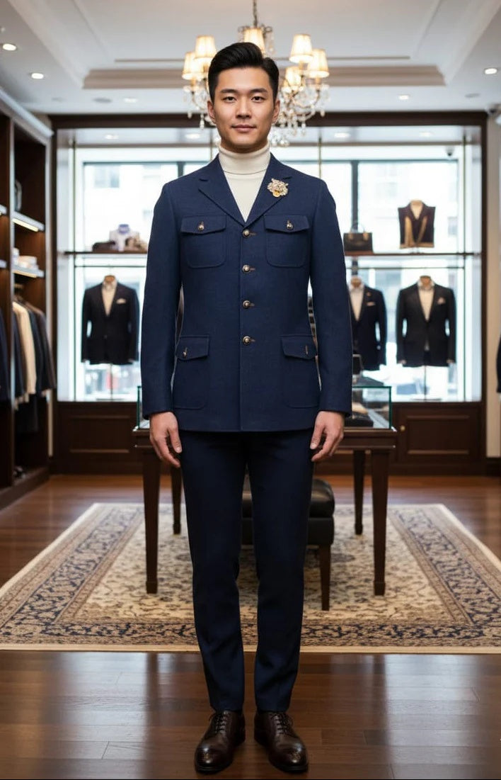 Mens Giovanni Testi 2 Piece Slim Fit Suit in Dark Blue – Classic 4 Button Notch Lapel Dress Suit - 34 Short or Extra Small