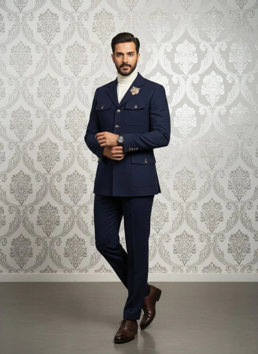 Mens Giovanni Testi 2 Piece Slim Fit Suit in Dark Blue – Classic 4 Button Notch Lapel Dress Suit - 34 Short or Extra Small