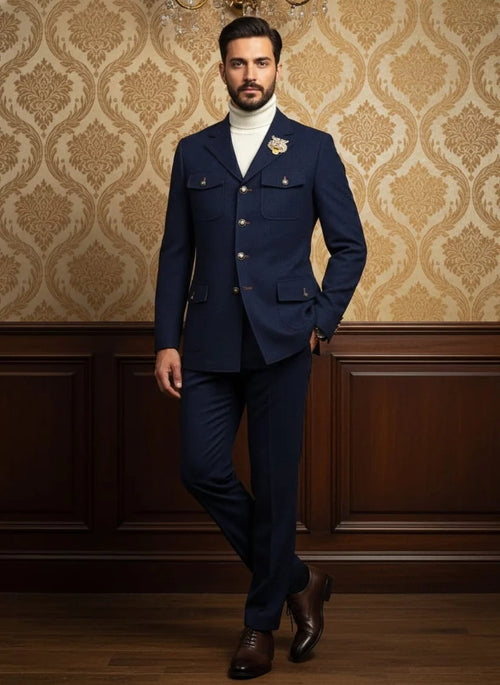 Mens Giovanni Testi 2 Piece Slim Fit Suit in Dark Blue – Classic 4 Button Notch Lapel Dress Suit