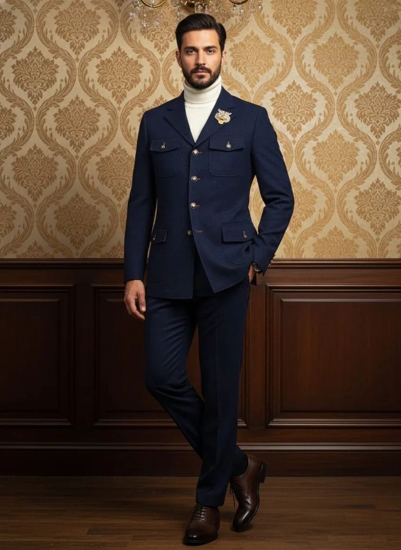 Mens Giovanni Testi 2 Piece Slim Fit Suit in Dark Blue – Classic 4 Button Notch Lapel Dress Suit - 34 Short or Extra Small