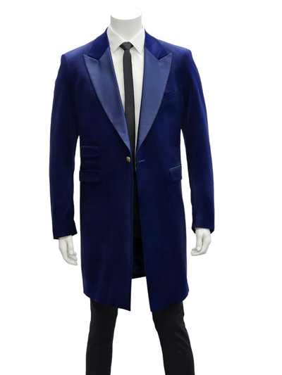 Mens Navy Velvet Victorian Tailcoat Tuxedo Three Quarter Length Cutaway Stage And Wedding Jacket