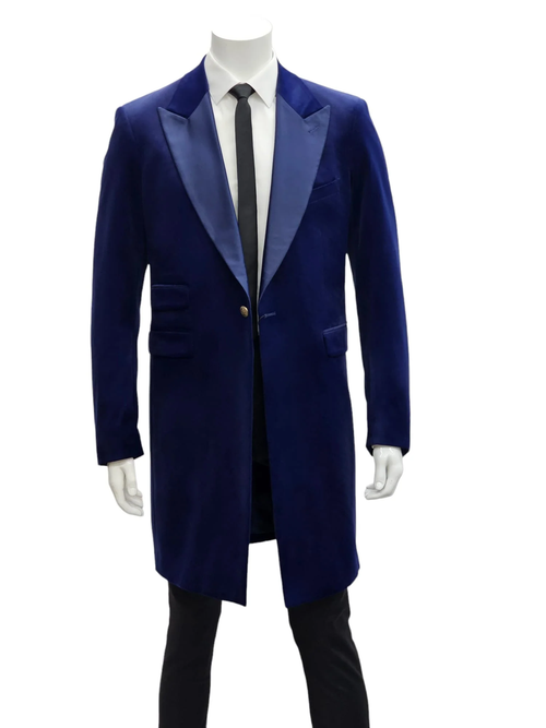 Mens Navy Velvet Victorian Tailcoat Tuxedo Three Quarter Length Cutaway Stage And Wedding Jacket
