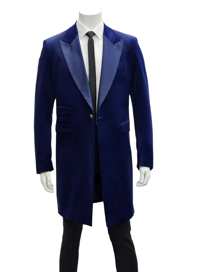 Mens Navy Velvet Victorian Tailcoat Tuxedo Three Quarter Length Cutaway Stage And Wedding Jacket