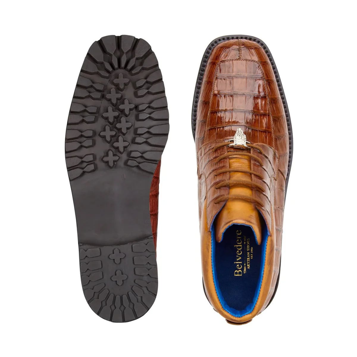 Belvedere Gallardo Men's Shoes Antique Sport Brown Exotic Caiman Crocodile Derby Split-toe Boots - 9