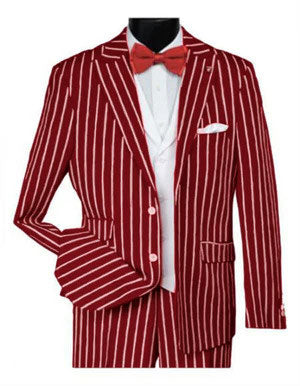1920s Mens Vested Bold Gangster Pinstripe Suit in Burgundy - 34 Short or Extra Small