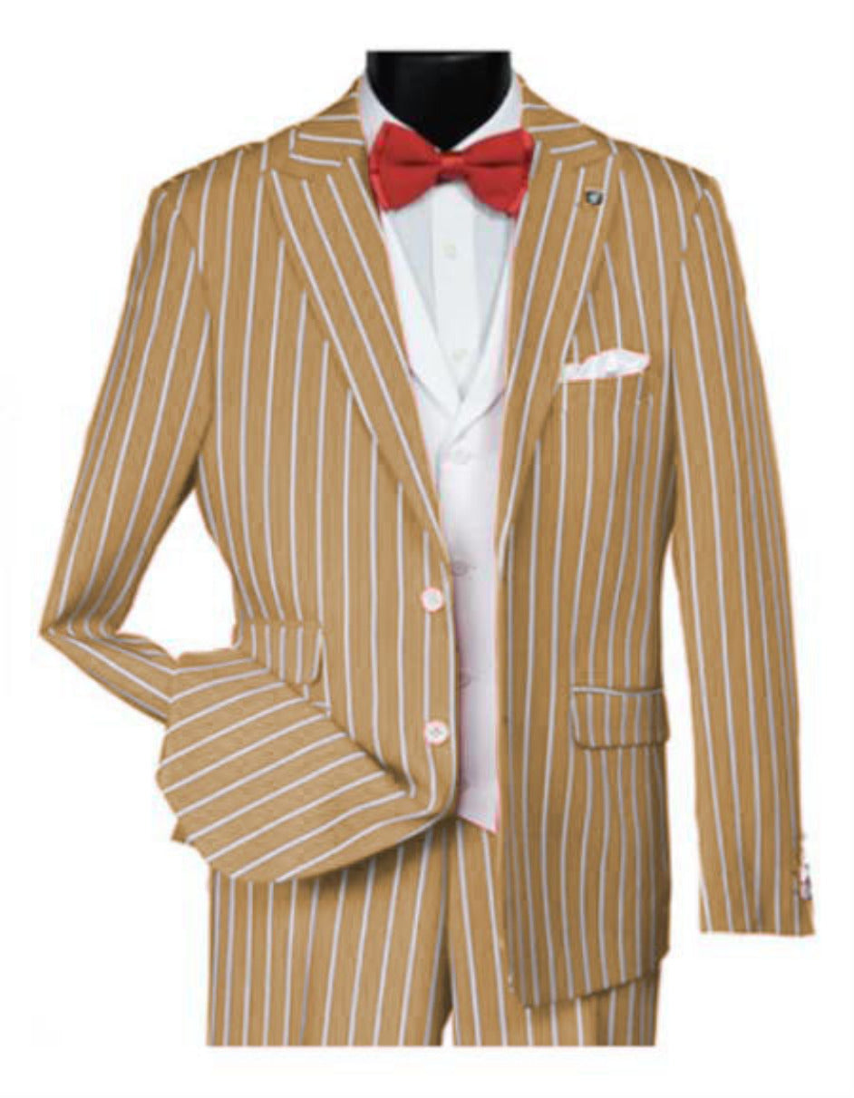 1920s Mens Vested Bold Gangster Pinstripe Suit in Champagne - 34 Short or Extra Small