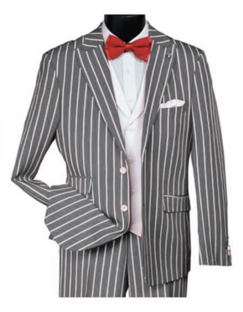 1920s Mens Vested Bold Gangster Pinstripe Suit in Silver - 34 Short or Extra Small