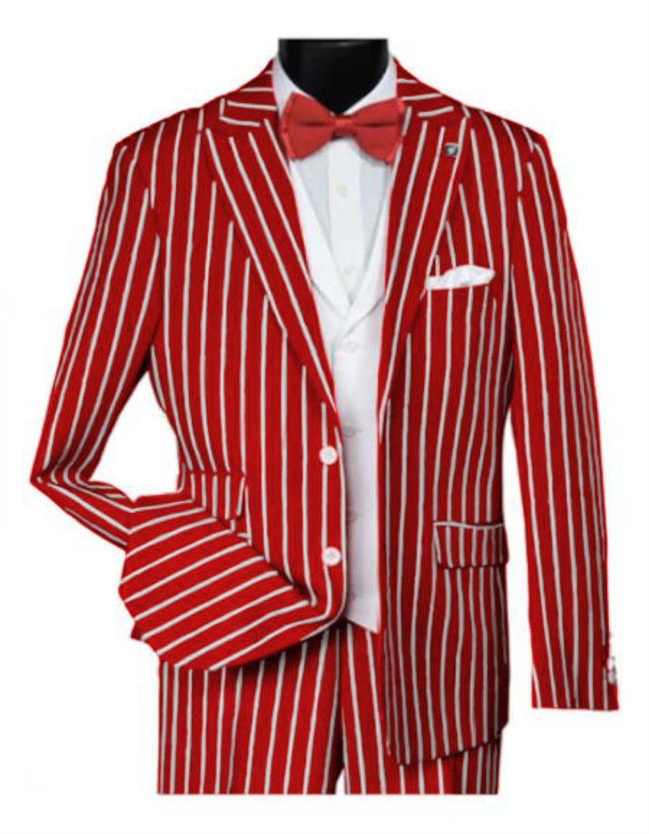 1920s Mens Vested Bold Gangster Pinstripe Suit in Red - 34 Short or Extra Small