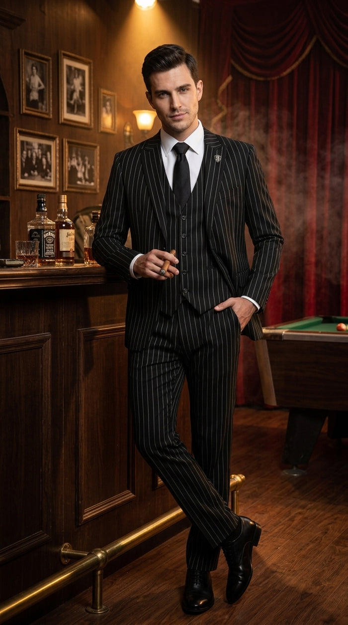 Men’s Black 2 Button Gangster Pinstripe Suit, Striped Pattern Homecoming 3 Piece Dress Suit