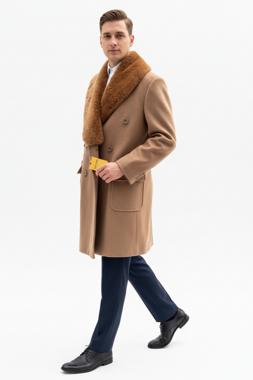 Mens Camel Color Peacoat - Mens Wool Camel Peacoat