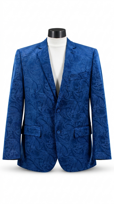 Men’s Velvet Paisley Blazer 2-Button Regular Fit with Notch Lapel - Blue
