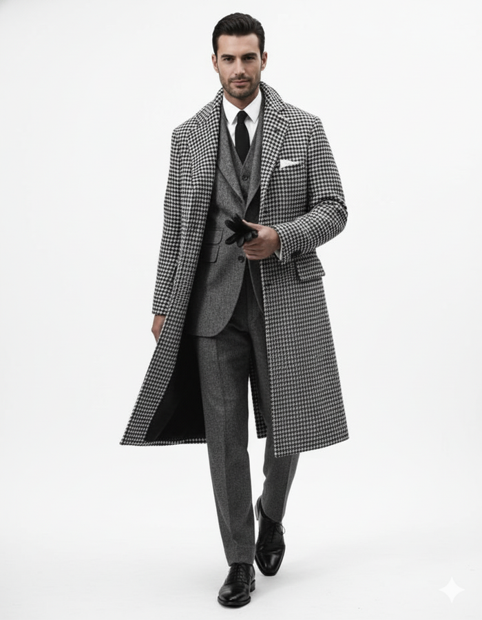 Houndstooth Overcoat - Black and White Checker And Cashmere Fabric Topcoat By Alberto Nardoni-New Designer Collection