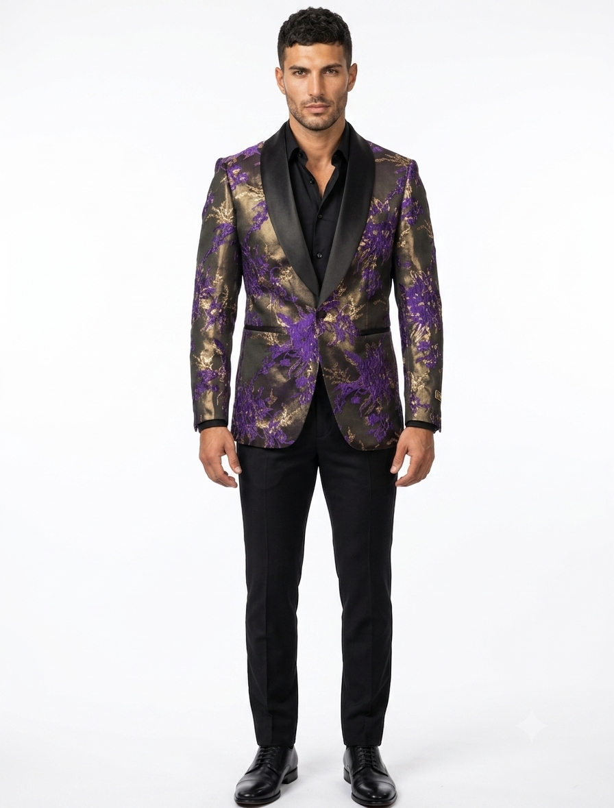 Mardi Gra Custom - Purple and Gold Two Toned Tuxedo - 38 Short Jacket+32 Waist Adjustable 28to34)(Height: 5’4”to5’7”)(Neck 15-16.5)S-M)