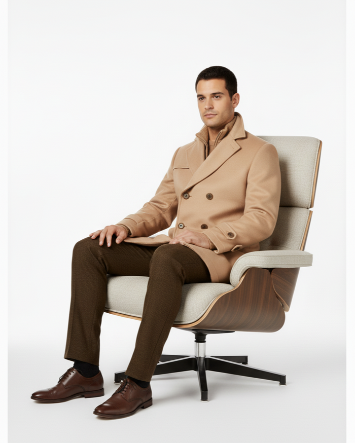 Camel Double-Breasted Wool-Blend Peacoat with Knit Bib