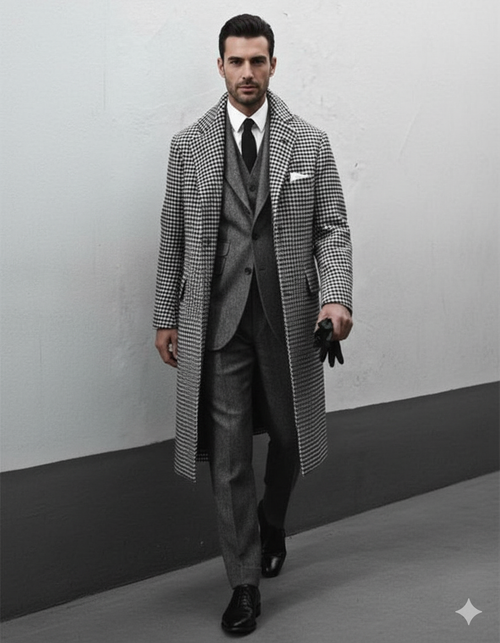 Houndstooth Overcoat - Black and White Checker And Cashmere Fabric Topcoat By Alberto Nardoni-New Designer Collection