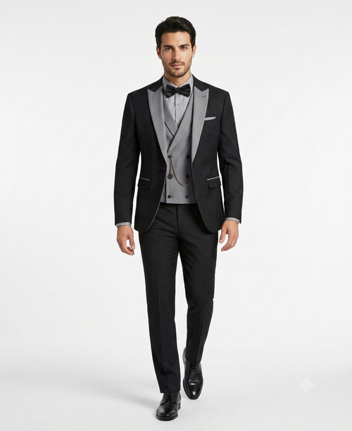 Mens Black And White Lapel 3 Piece Tuxedo Suit with Silver Gray Satin Lapel | Formal Wedding Prom Suit Set