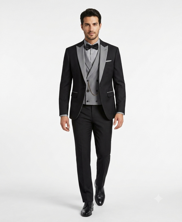 Mens Black And White Lapel 3 Piece Tuxedo Suit with Silver Gray Satin Lapel | Formal Wedding Prom Suit Set