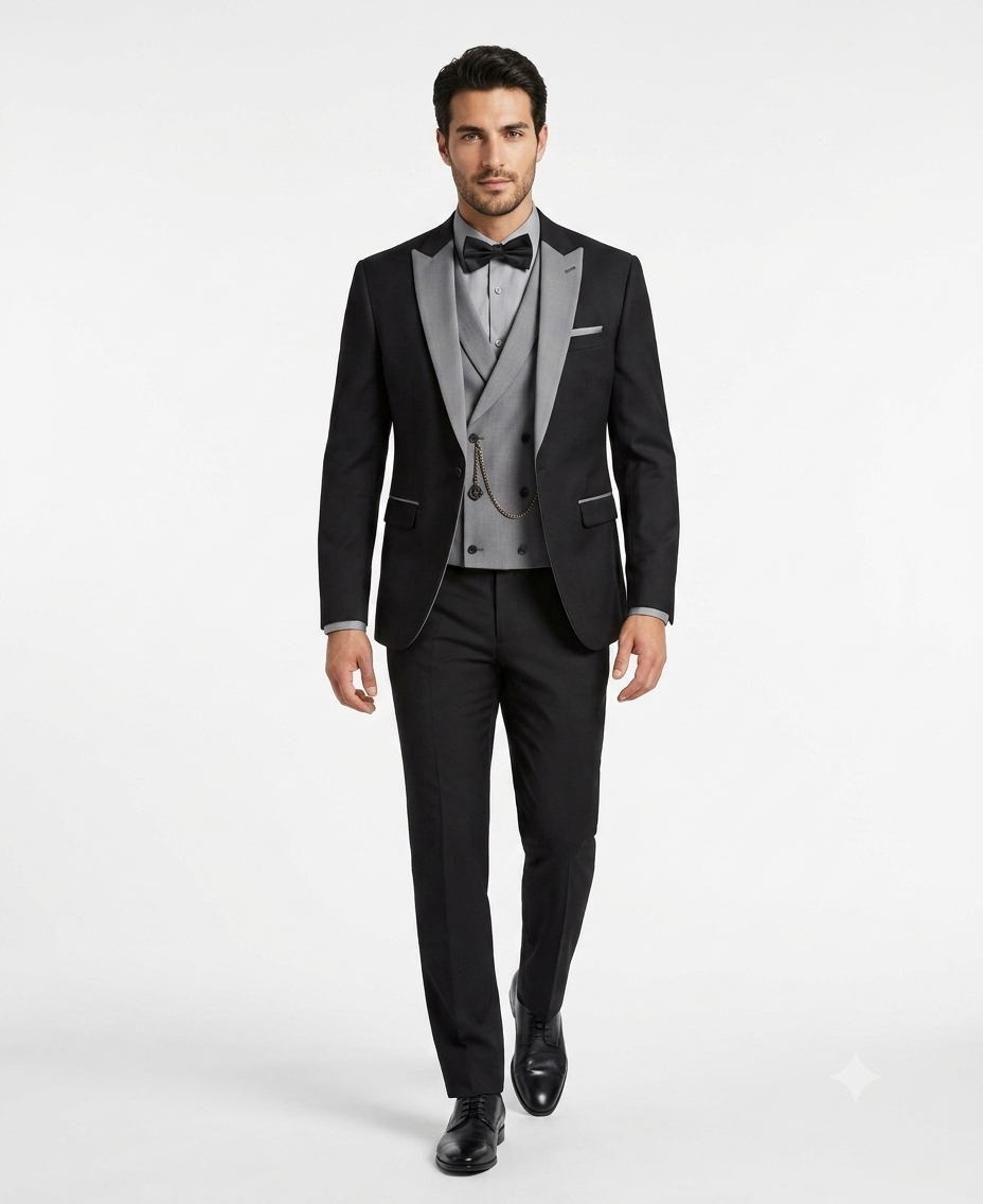 Mens Black And White Lapel 3 Piece Tuxedo Suit with Silver Gray Satin Lapel | Formal Wedding Prom Suit Set