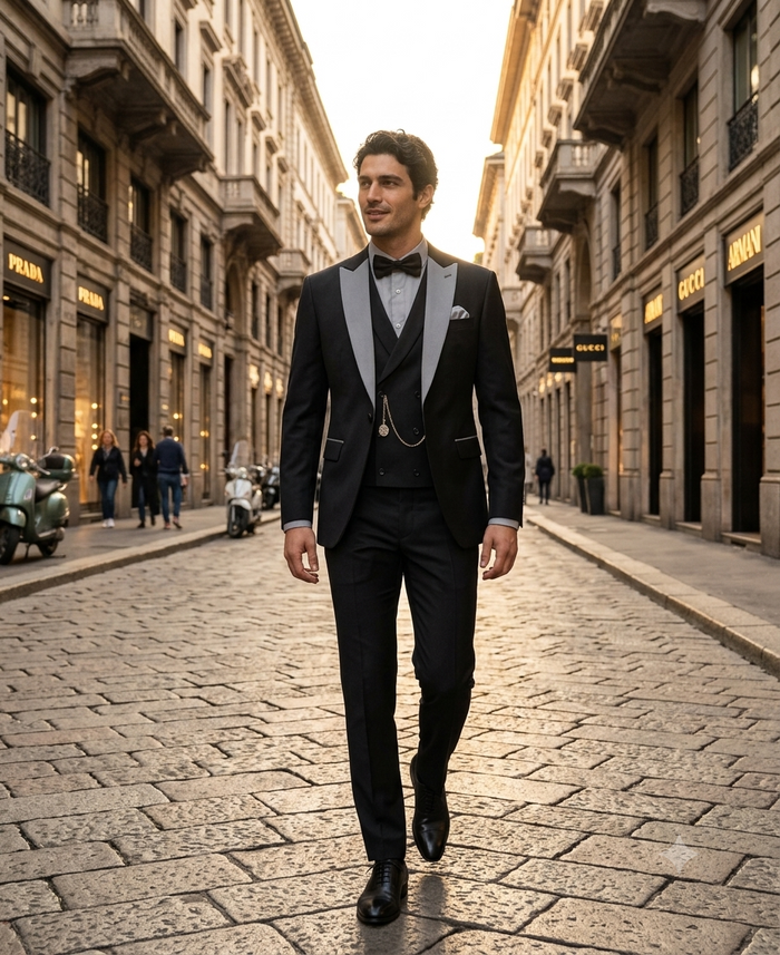Mens Black And White Lapel 3 Piece Tuxedo Suit with Silver Gray Satin Lapel | Formal Wedding Prom Suit Set