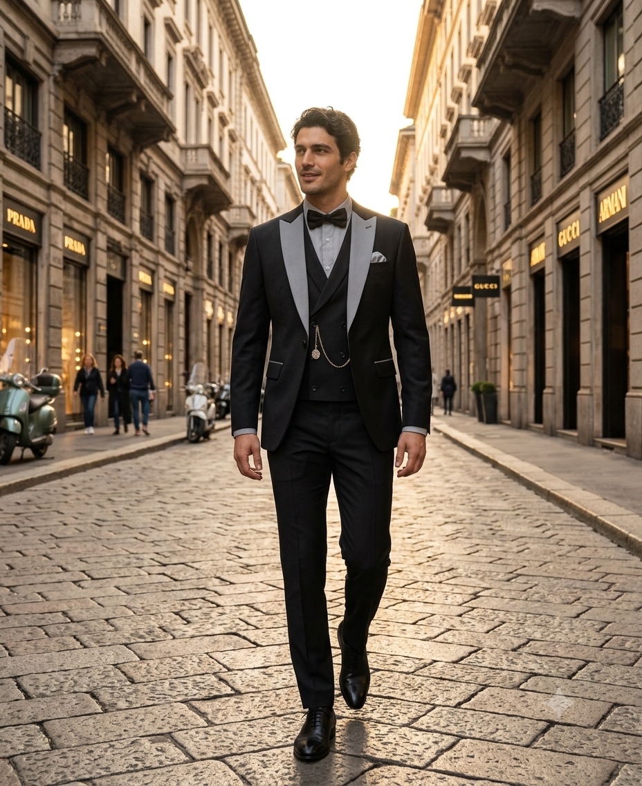 Mens Black And White Lapel 3 Piece Tuxedo Suit with Silver Gray Satin Lapel | Formal Wedding Prom Suit Set