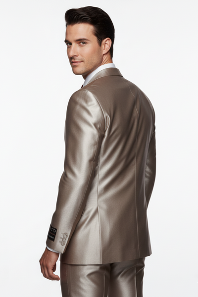 2 Button Style Jacket Flat Front Pants Notch Collar- Shiny suit