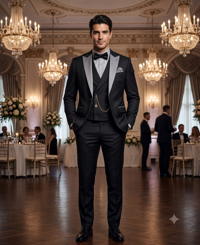 Mens Black And White Lapel 3 Piece Tuxedo Suit with Silver Gray Satin Lapel | Formal Wedding Prom Suit Set