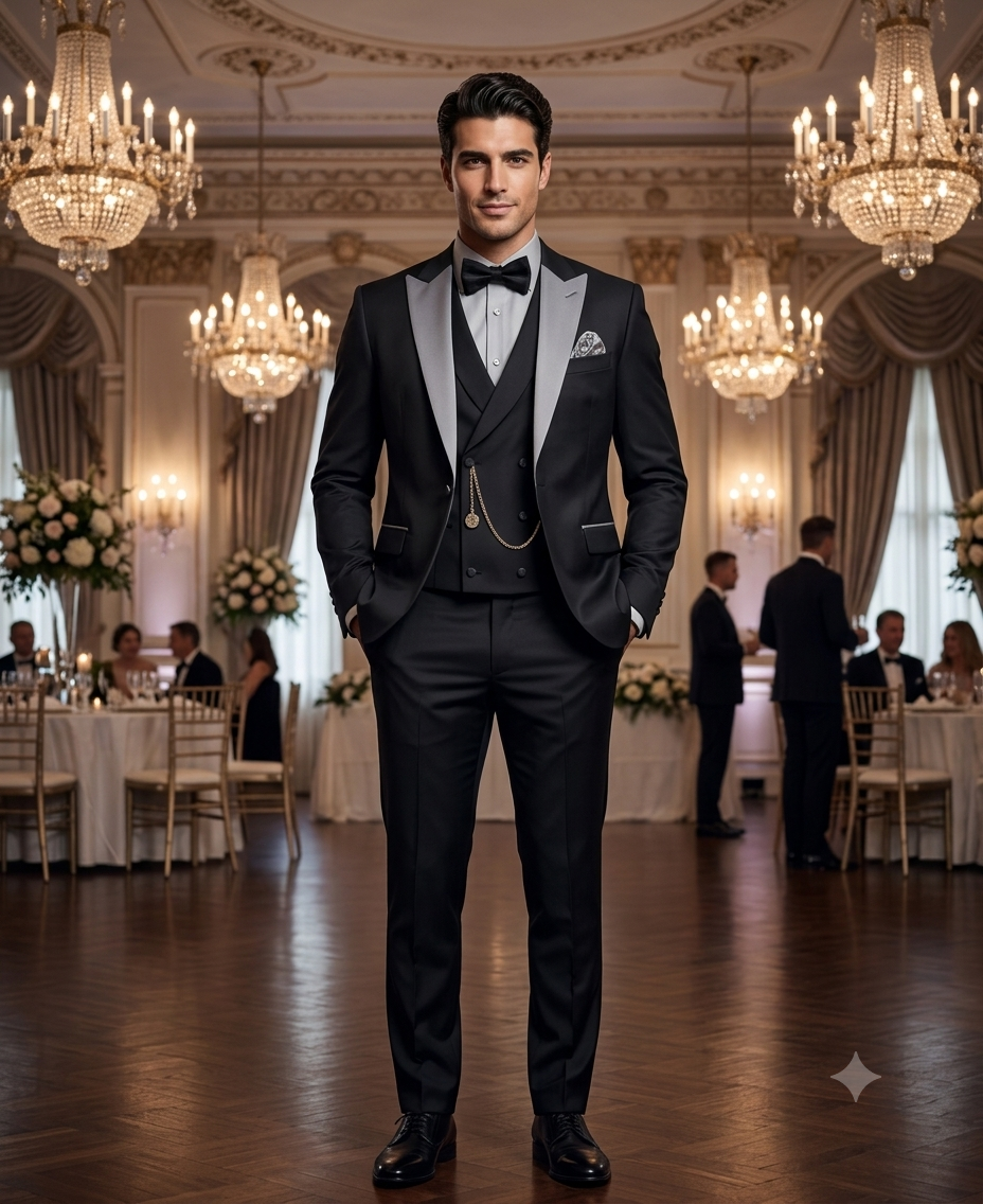 Mens Black And White Lapel 3 Piece Tuxedo Suit with Silver Gray Satin Lapel | Formal Wedding Prom Suit Set