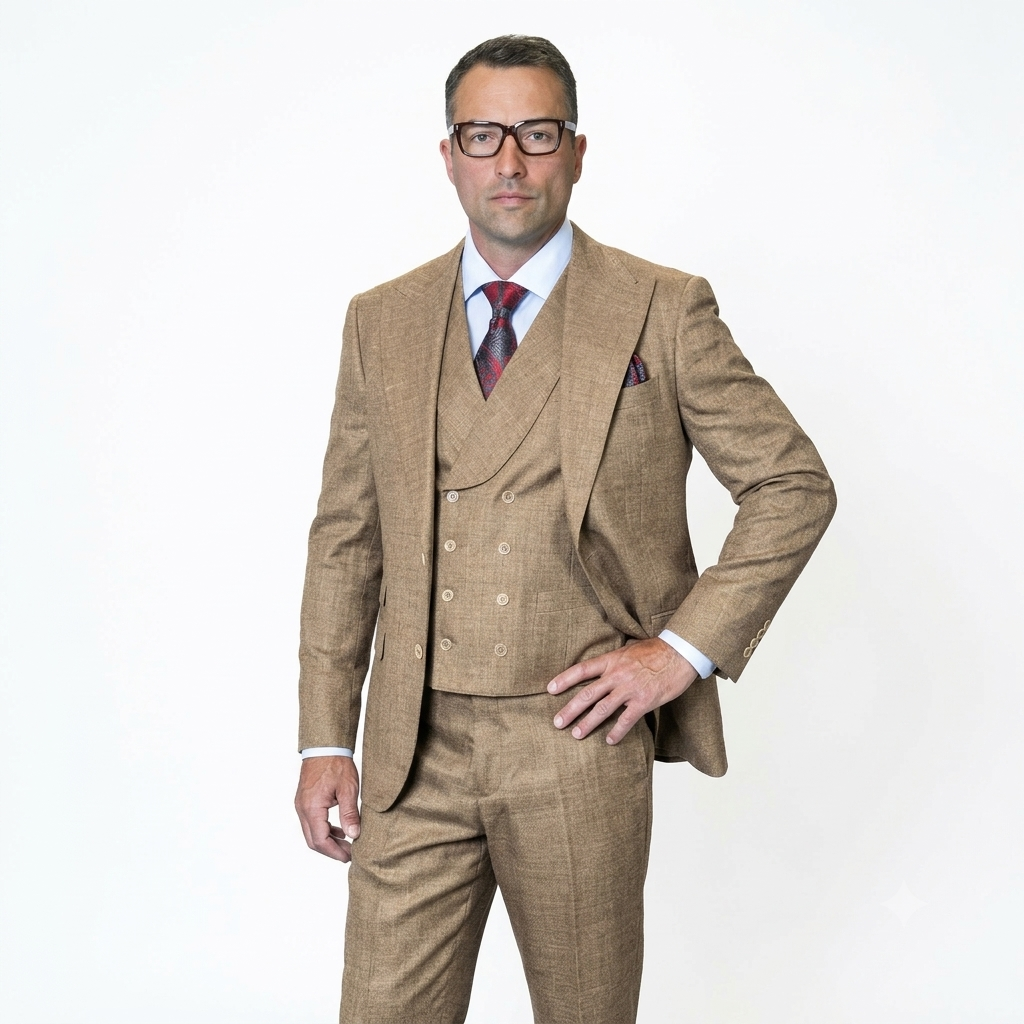 Mens Ticket Pocket Peak Lapel Double breasted Vest 100% Wool Tom Ford Style Modern Fit in Color "Bronze" By Statement