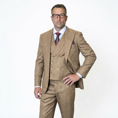 Mens Ticket Pocket Peak Lapel Double breasted Vest 100% Wool Tom Ford Style Modern Fit in Color "Bronze" By Statement