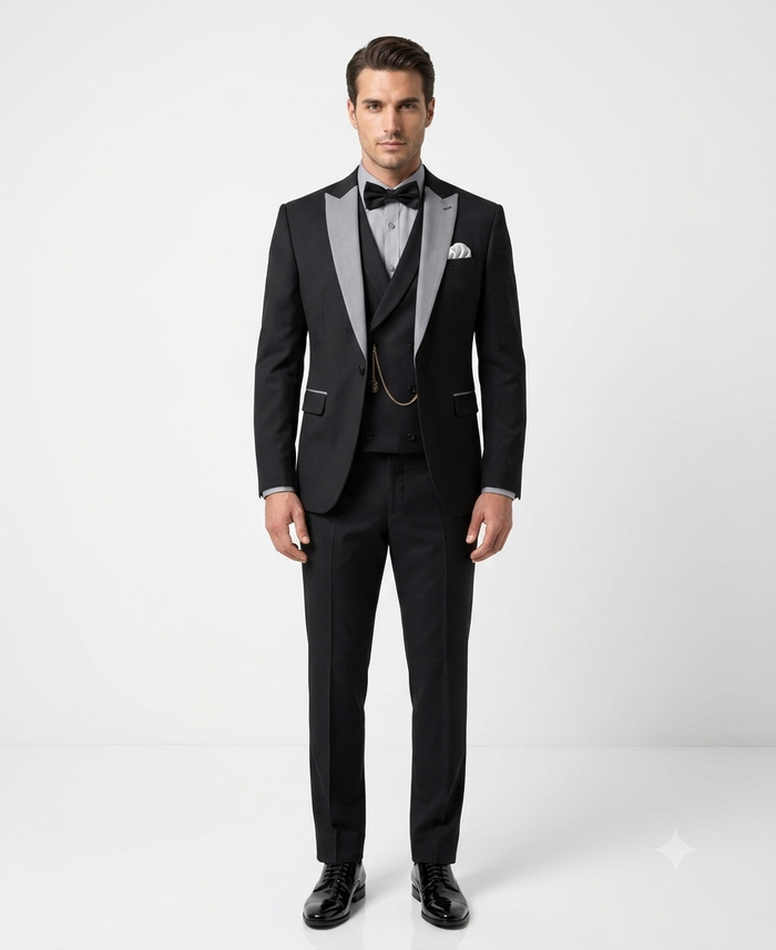 Mens Black And White Lapel 3 Piece Tuxedo Suit with Silver Gray Satin Lapel | Formal Wedding Prom Suit Set